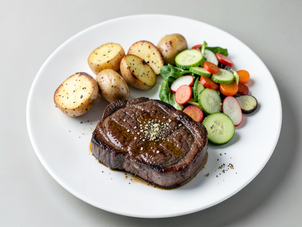 Bistecche succose con patatine al parmigiano croccanti e insalata fresca di cetrioli e ravanelli