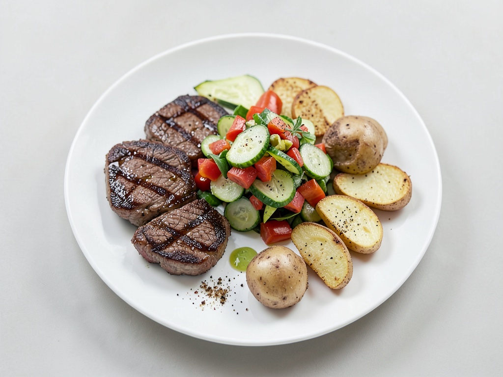 Wedge di patate croccanti, bistecche di maiale succose e insalata fresca di cetrioli e peperoni