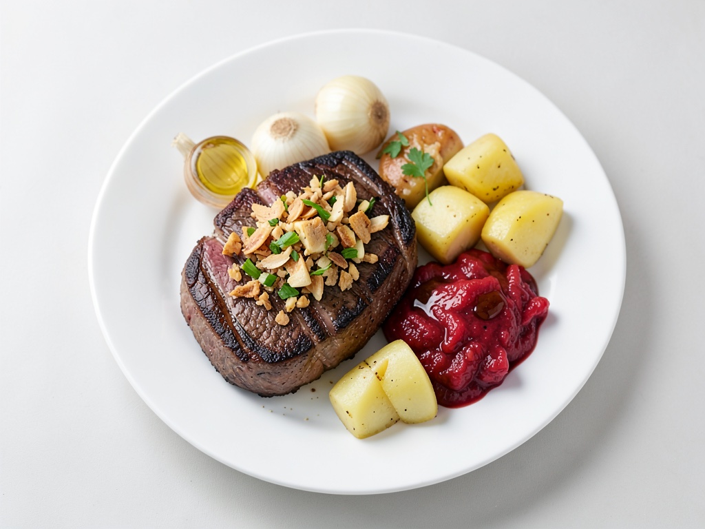 Steaks de porc à la croûte de pomme, boulettes de pommes de terre et chou rouge au miel