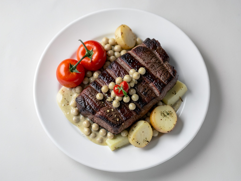 Côtelettes de bœuf juteuses avec des lentilles veloutées et des pommes de terre éventail croustillantes