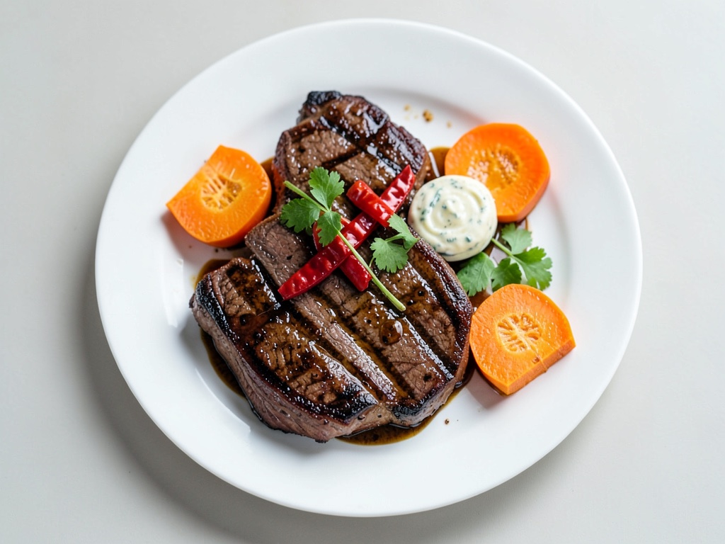 Steaks juteux avec potiron rôti caramélisé, maïs pimenté et beurre aux herbes