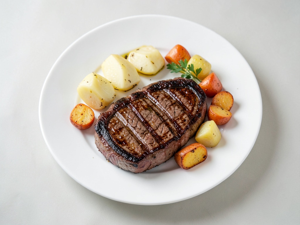 Bistecche di manzo succose con patate croccanti e verdure al forno
