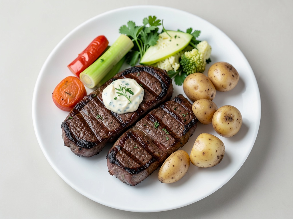 Bistecche di manzo con burro alle erbe, cavolo rapa e patate a ventaglio