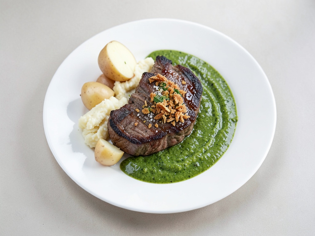 Bistecchi alle erbe succosi con purè di patate cremoso e salsa verde fresca
