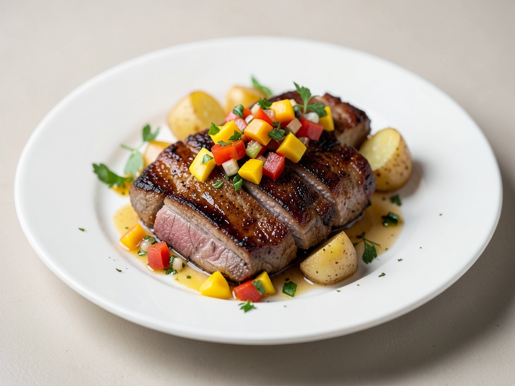 Bistecche di maiale croccanti con salsa fresca di mango e peperoncino e patate al forno