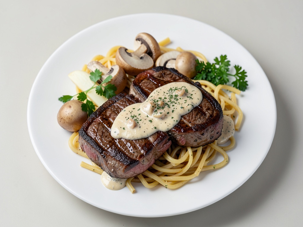 Bistecche di manzo succulente in salsa piccante al pepe e panna con funghi champignon e spätzle fatti in casa