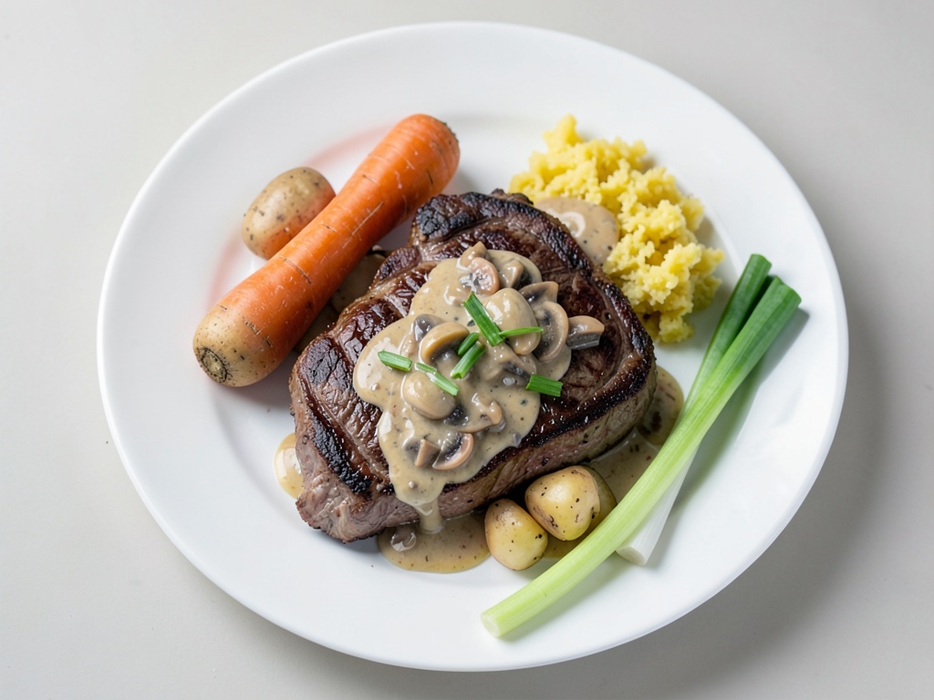 Bistecche di manzo succulente con salsa ai funghi cremosa e rösti di patate croccanti
