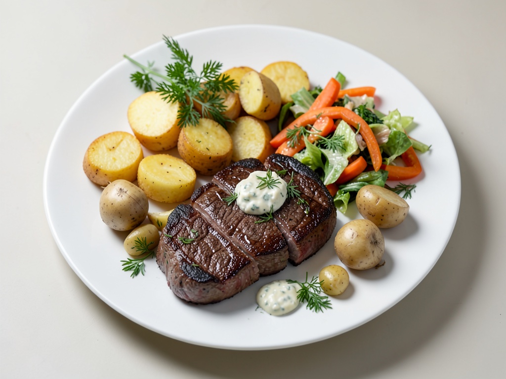 Bistecchi di scottona succosi con patatine croccanti, insalata di carote fresca e burro alle erbe