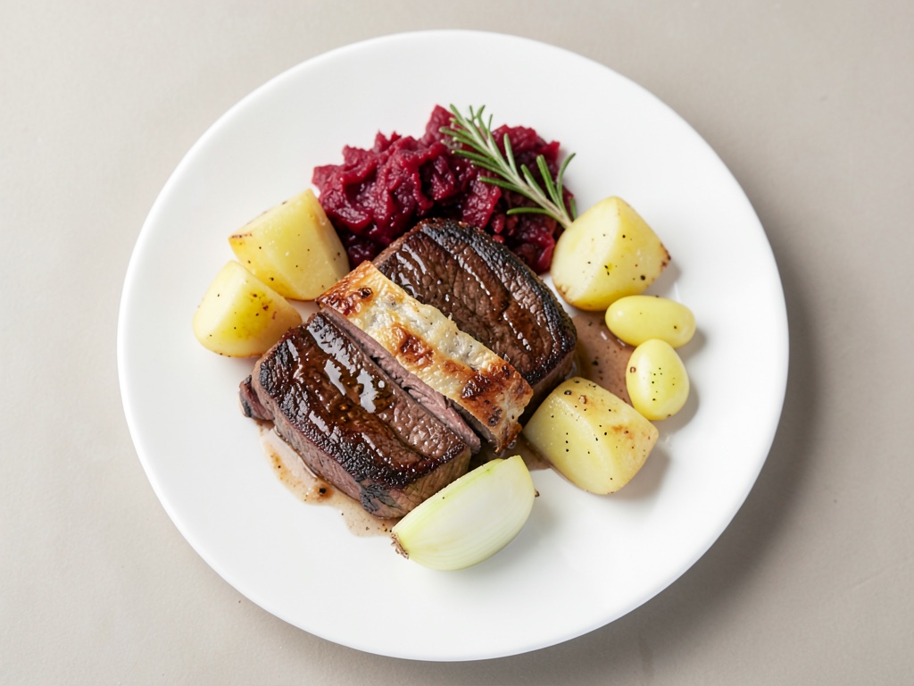 Knusprige Rinderfilet-Steaks mit Apfelkruste, Kartoffelklößen und Rotkohl