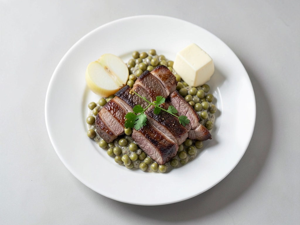 Strisce di bistecca succose con crema di lenticchie e fagioli