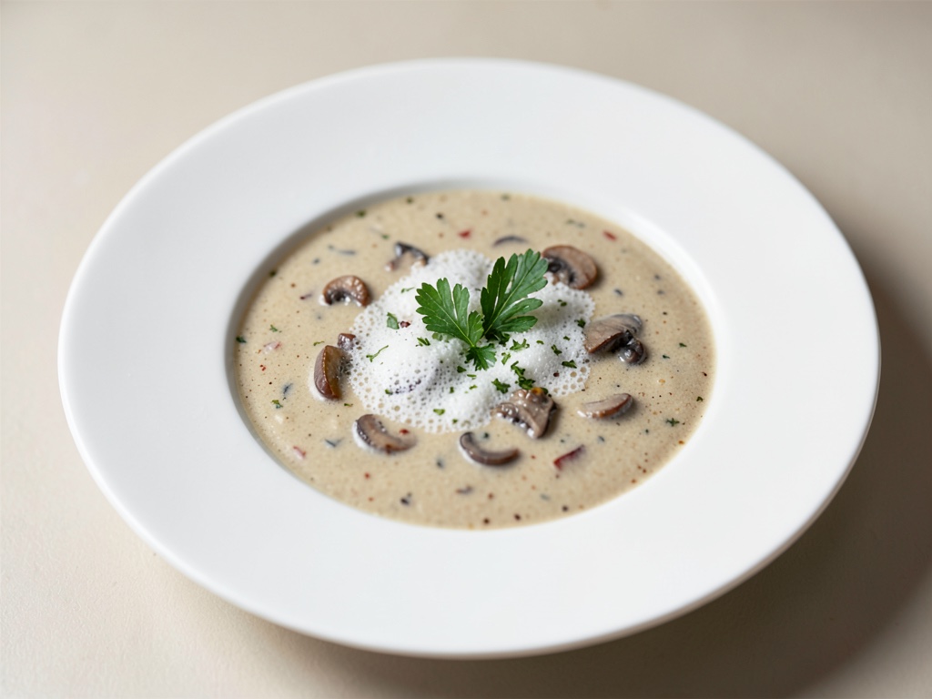 Sopa cremosa de boletus con topping de hierbas frescas