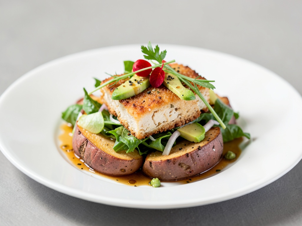 Croustillant de tofu sur salade de patates douces et avocat