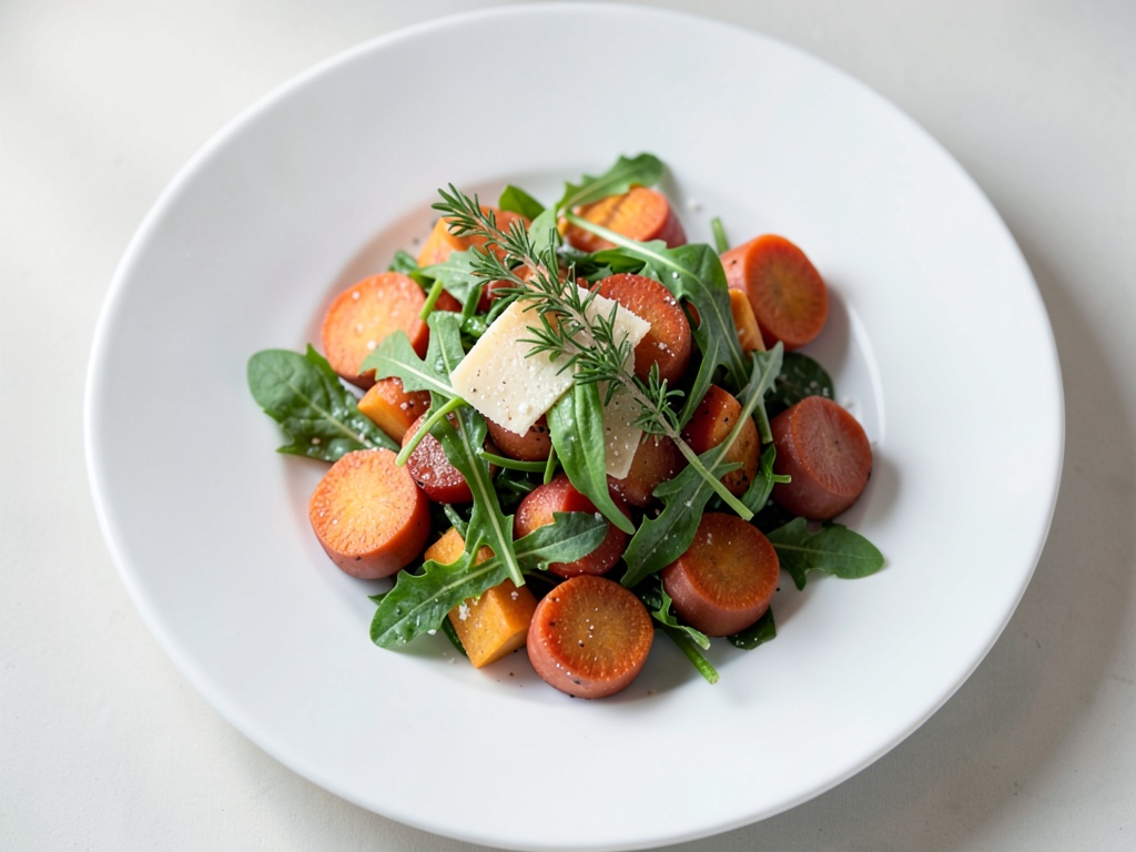 Insalata di patate dolci e pere al forno con rucola e parmigiano