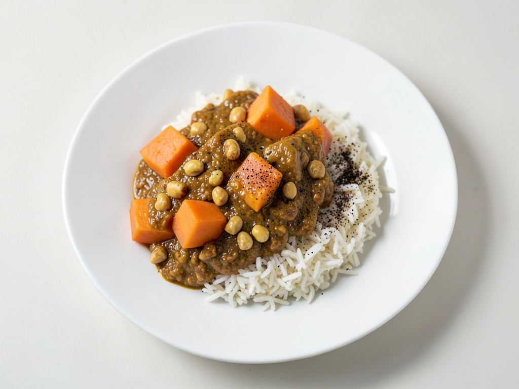 Curry croccante di patate dolci e burro d'arachidi con riso