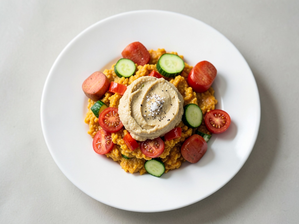 Puré cremoso di patate dolci e carote con burro di anacardi tostato e zucchine e pomodori