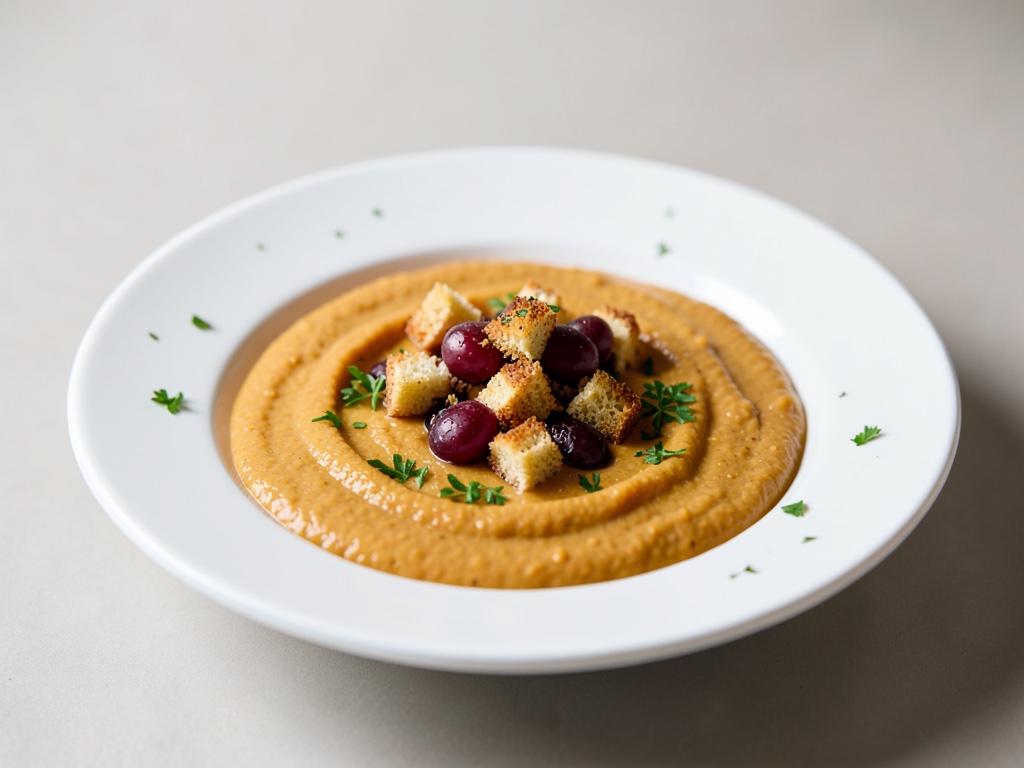 Sopa cremosa de boniato con uvas crujientes y crutones