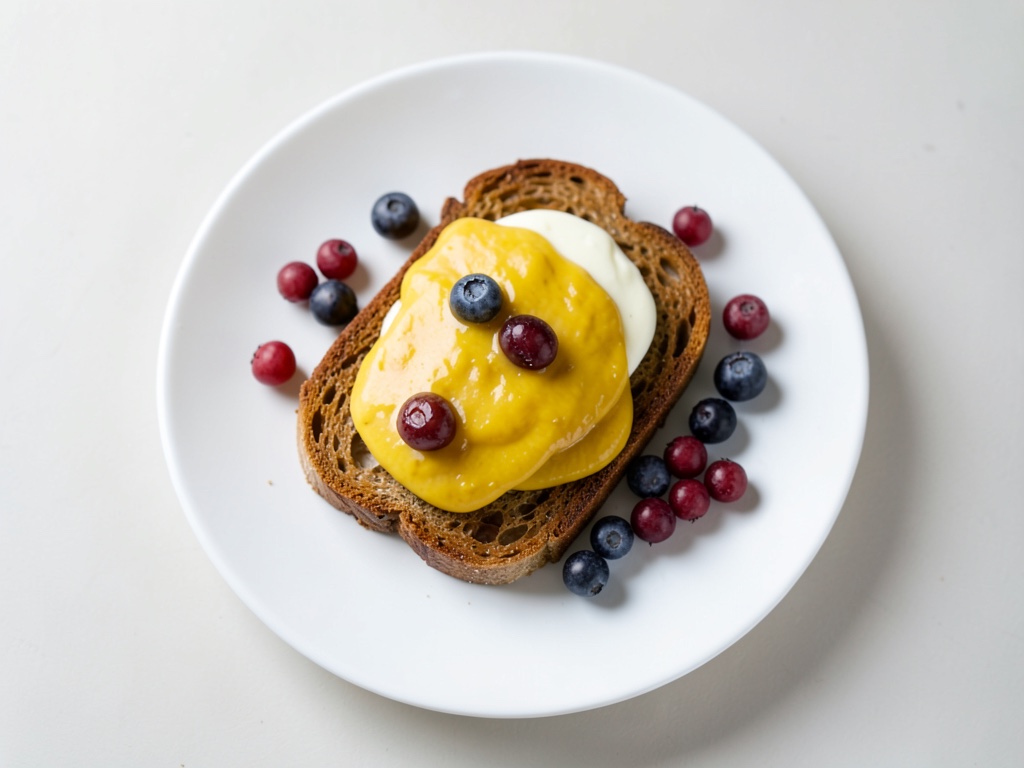 Toast di patata dolce con crema di mango e panna acida e lamponi