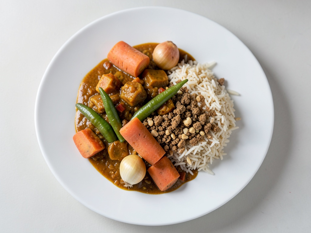 Curry di patate dolci con piselli dolci, riso e croccante di arachidi