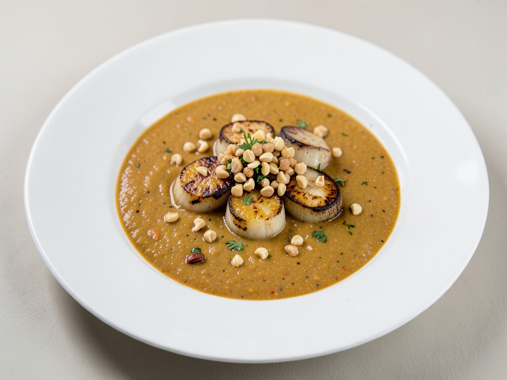 Zuppa cremosa di curry alla patata dolce con scaloppine di pettine fritte e croccante topping di anacardi