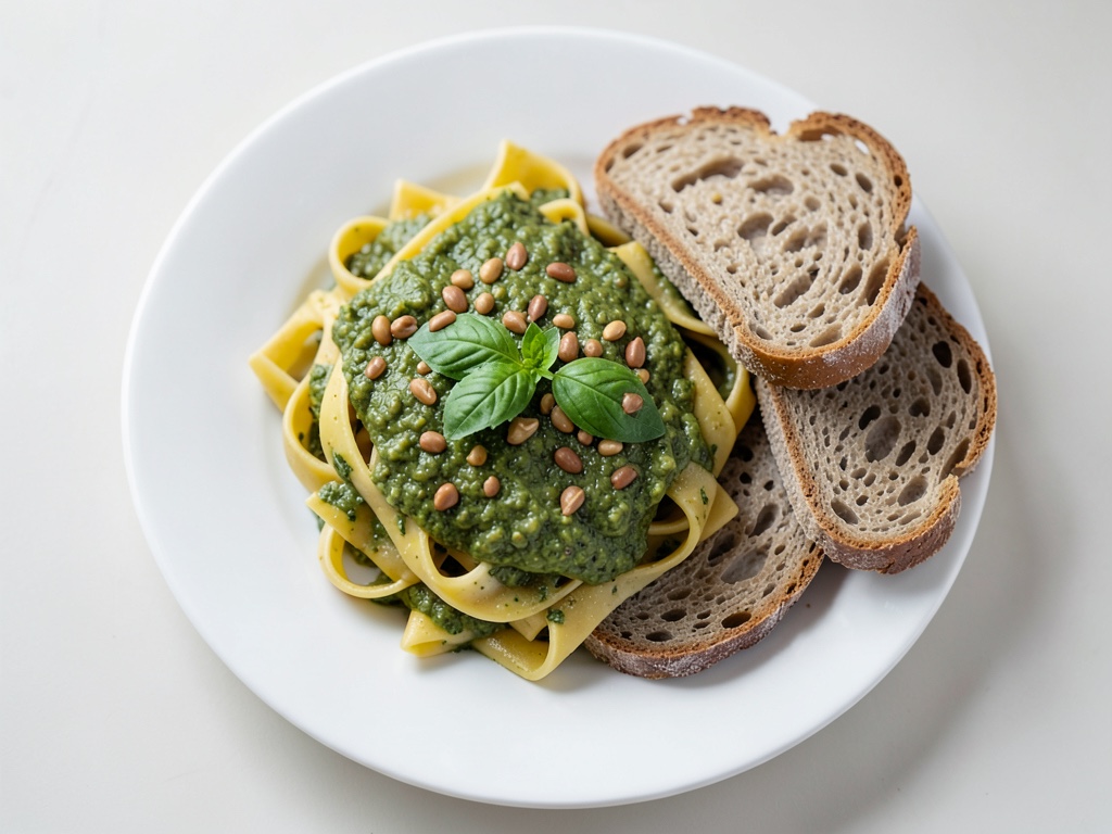 Tagliatelle con pesto fresco al basilico e crostini croccanti
