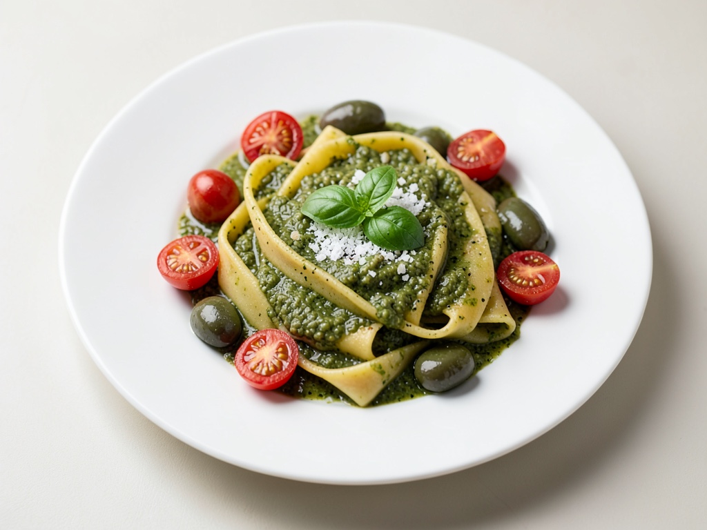 Tagliatelle con pomodorini e pesto di olive