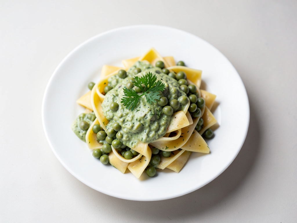 Tagliatelles crémeuses aux pois, crème d'avocat et miettes de persil croustillantes