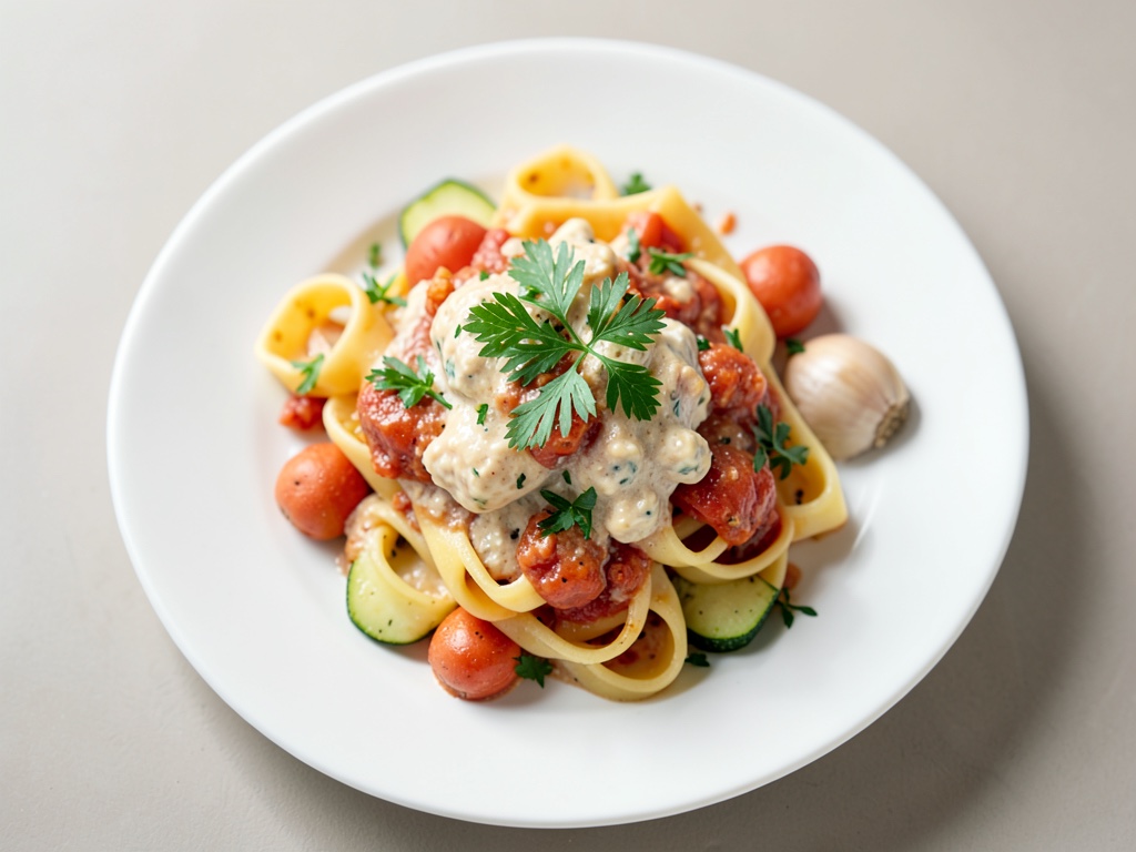 Tagliatelle avec une sauce crémeuse au fromage frais et aux tomates, et croustillant aux herbes