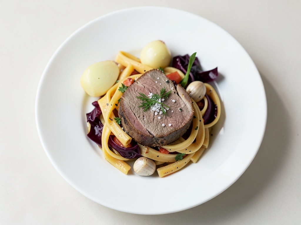 Straccetti teneri di maiale su tagliatelle con radicchio