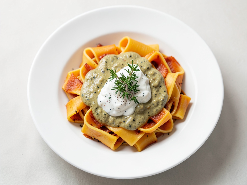 Tagliatelle à la citrouille rôtie et sauce fromage frais-moutarde