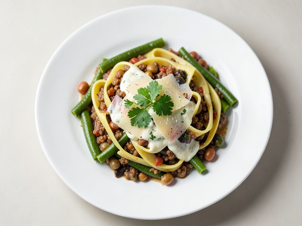 Tagliatelle con crema alle erbe, zuppa di fagioli e parmigiano
