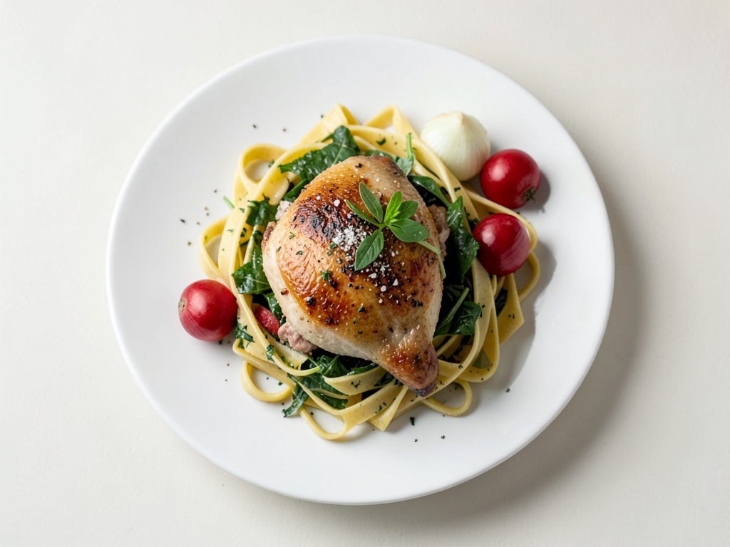 Pollo con salsa di panna e spinaci sulle tagliatelle