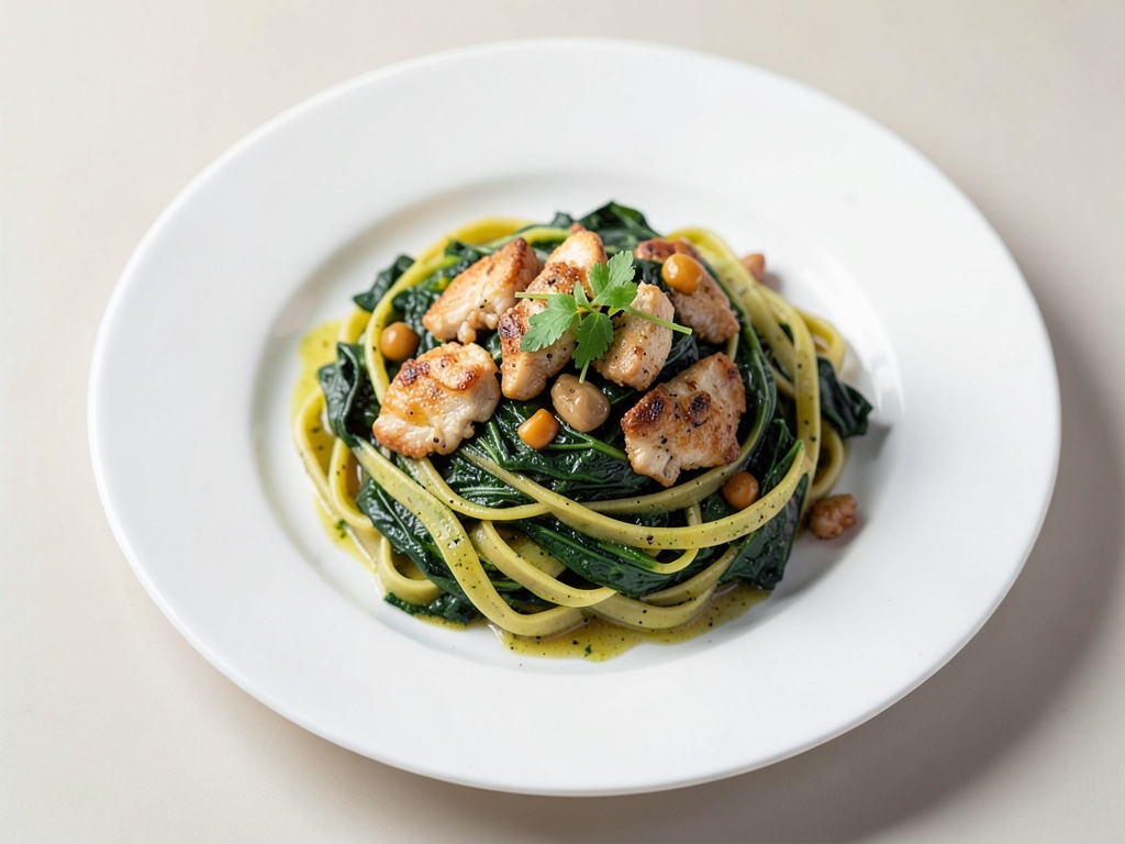 Tagliatelle véganes aux épinards et morceaux style poulet