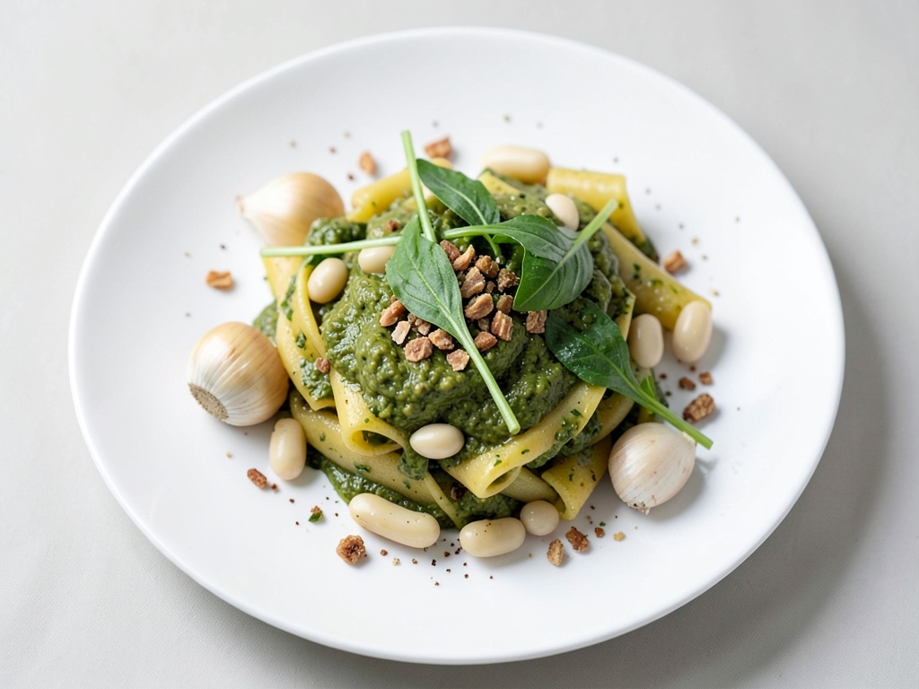 Tagliatelle con fagioli bianchi, rucola e pesto alle nocciole