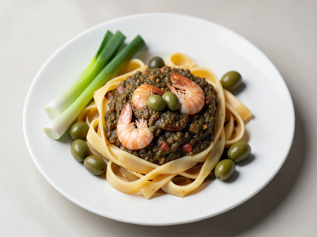 Tagliatelle mit Garnelen und Oliven-Paste