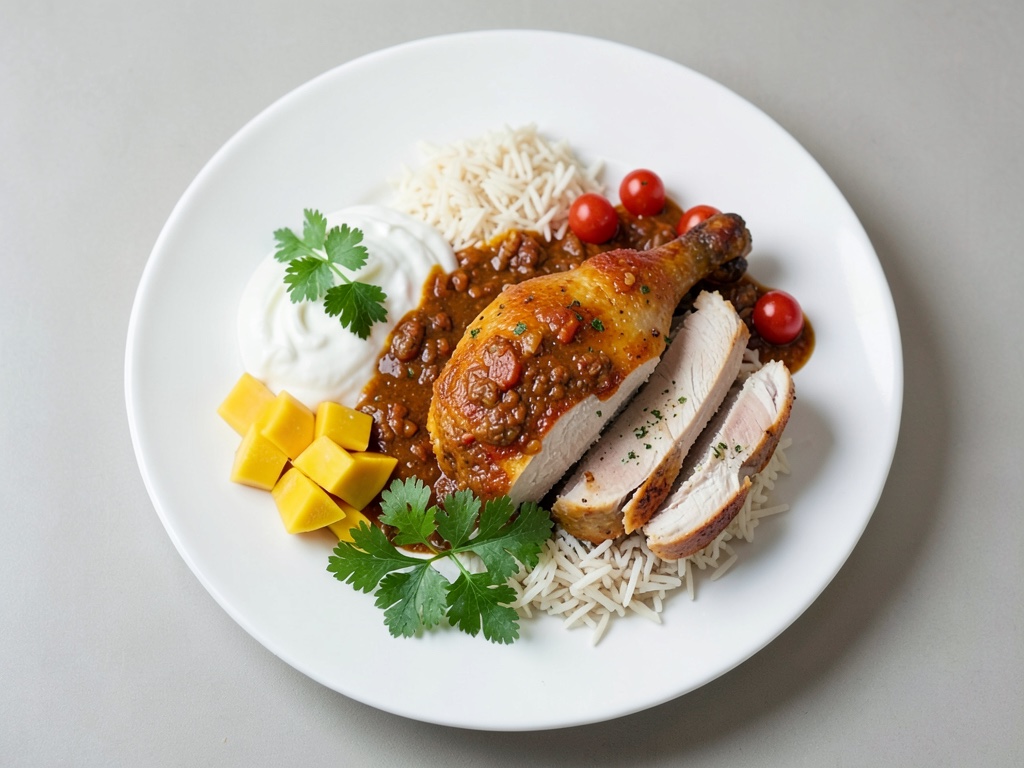 Tandoori-Hähnchen mit Mango-Chutney an Reis und Koriander
