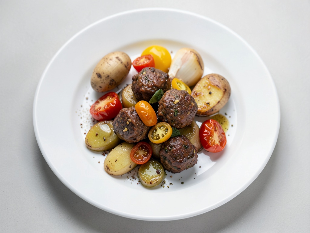 Piatto di Tapas: Patate fritte, polpette e peperoni verdi