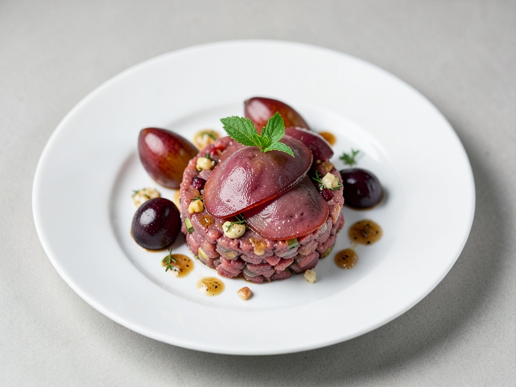 Tartare di prosciutto Serrano con pere al vino rosso