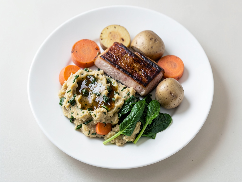 Branzino al teriyaki con purè di carote e patate e verdure agli spinaci