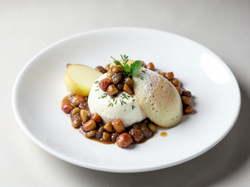 Crema al mascarpone e timiano con chutney di pere e nocciole e pera ghiacciata