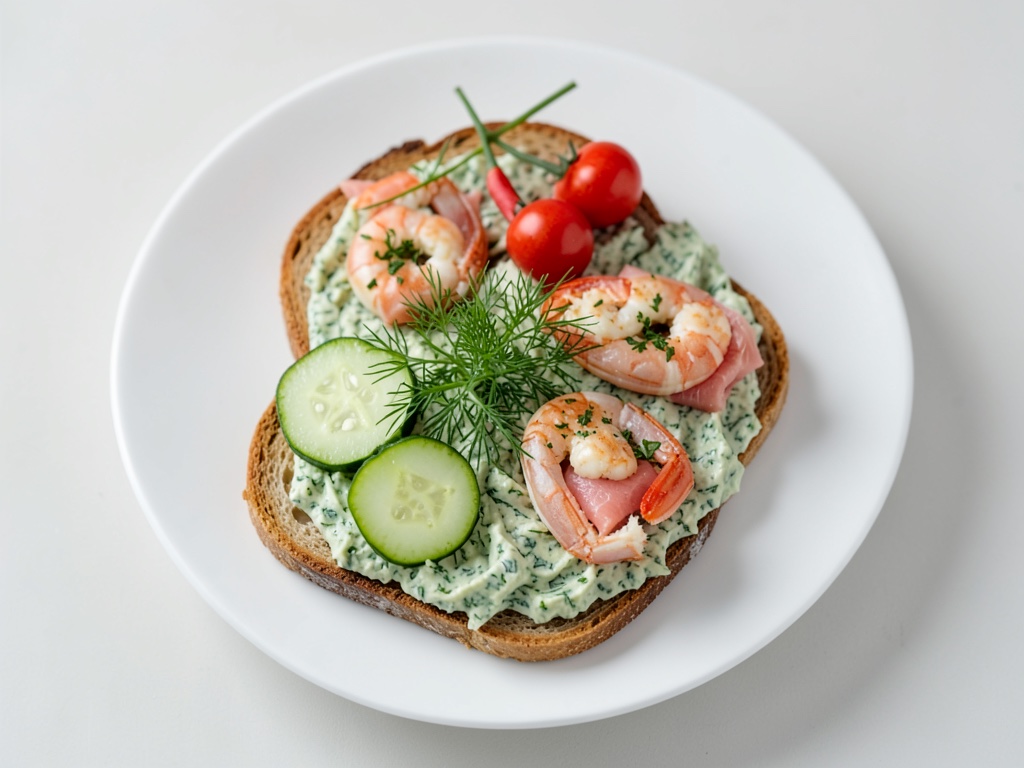 Tost de salmón y gambas con crema de hierbas fresca