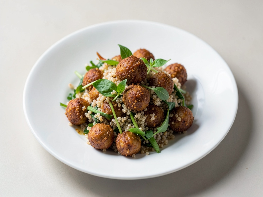Polpette di tofu croccanti su insalata fresca di quinoa