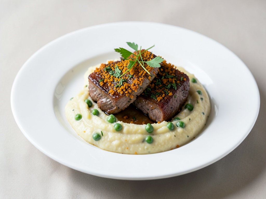 Bistecche di tofu alle erbe croccanti con purè cremoso di patate e piselli