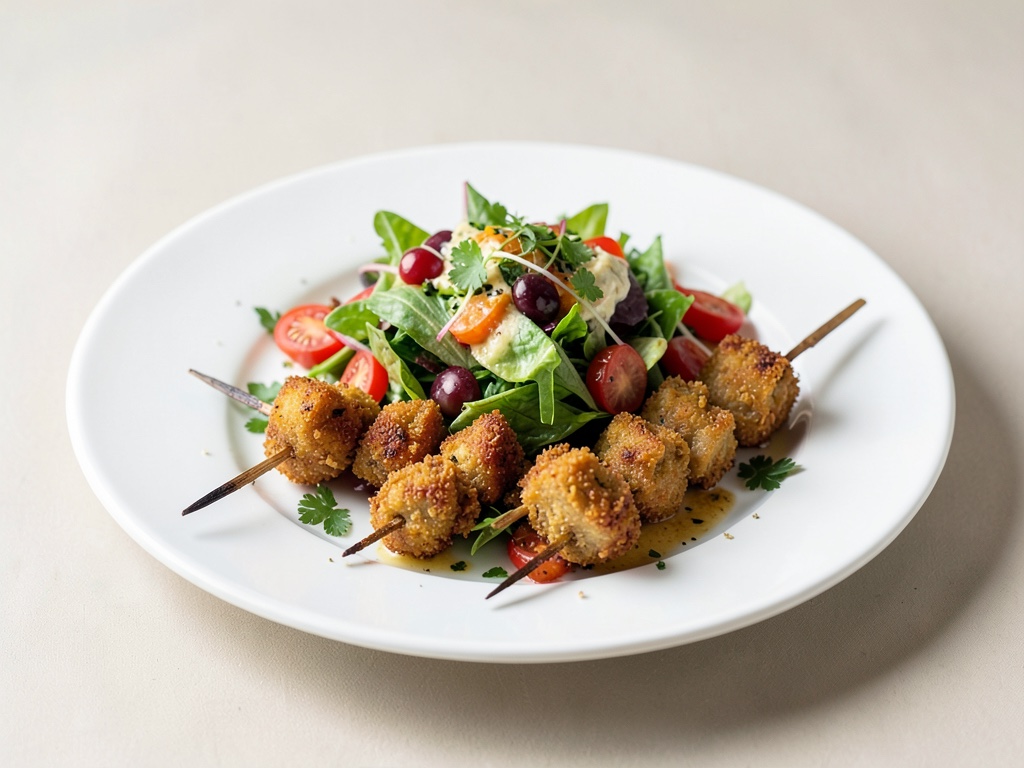 Insalata greca di contadino con spiedini di tofu croccanti