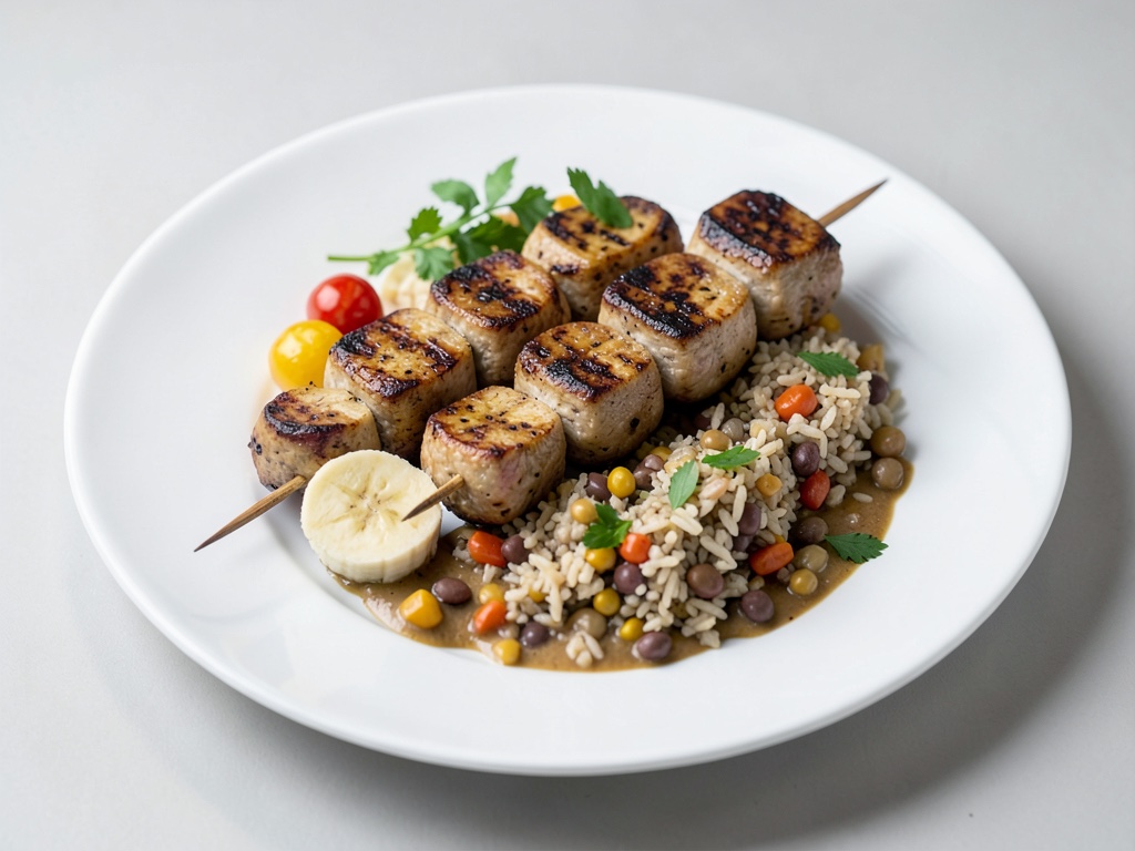 Spiedini di tofu alla griglia con banane e mix di fagioli e riso