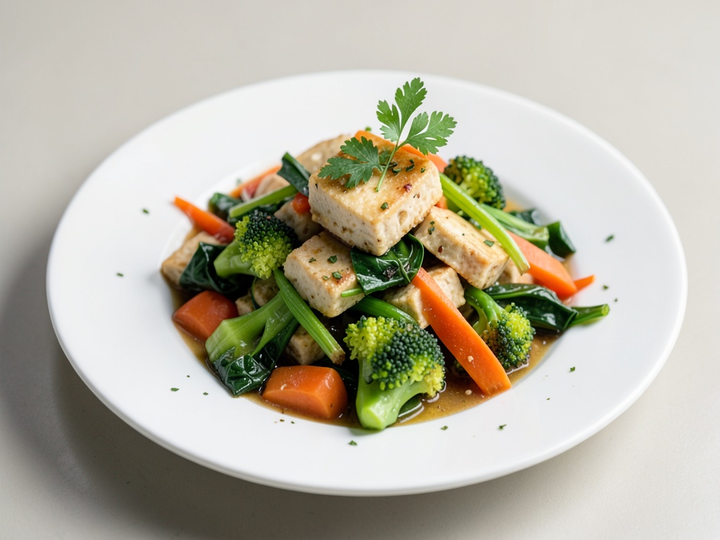 Plat de wok au tofu avec pak choi, brocoli et carottes