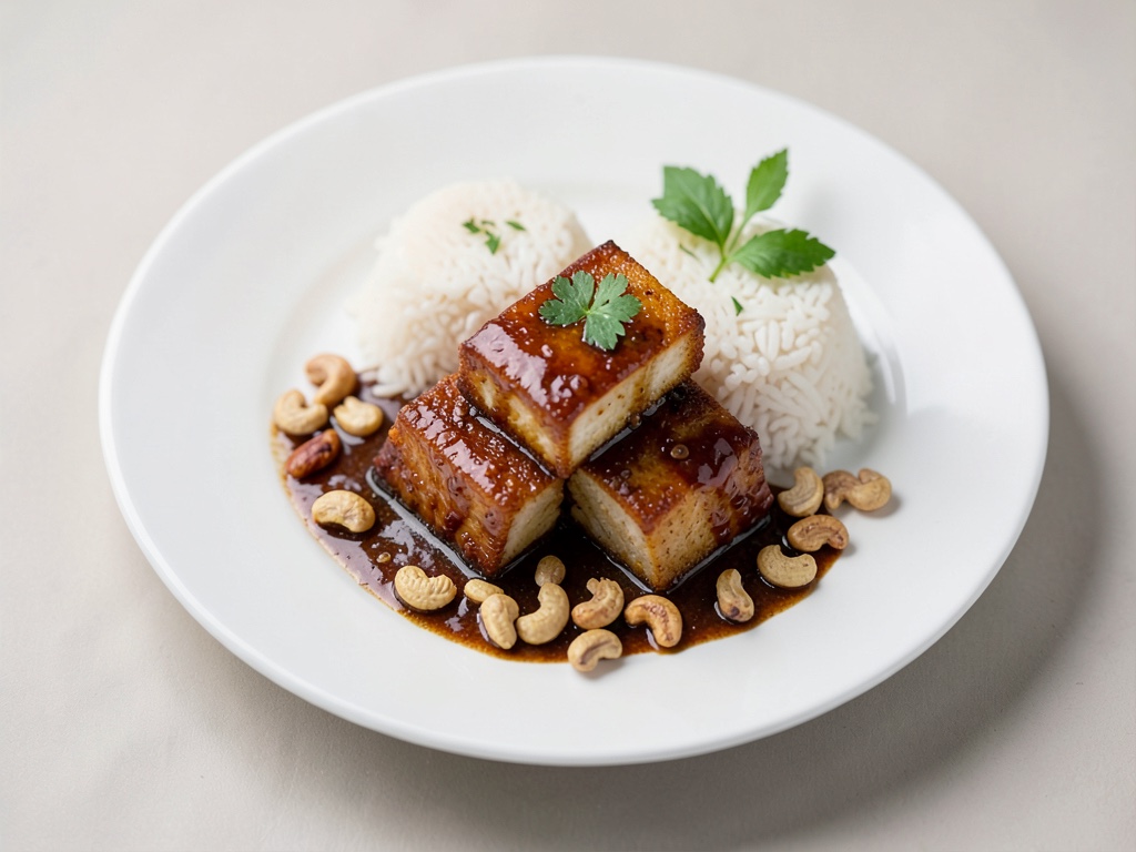 Tofu croccante al teriyaki con riso e anacardi tostati