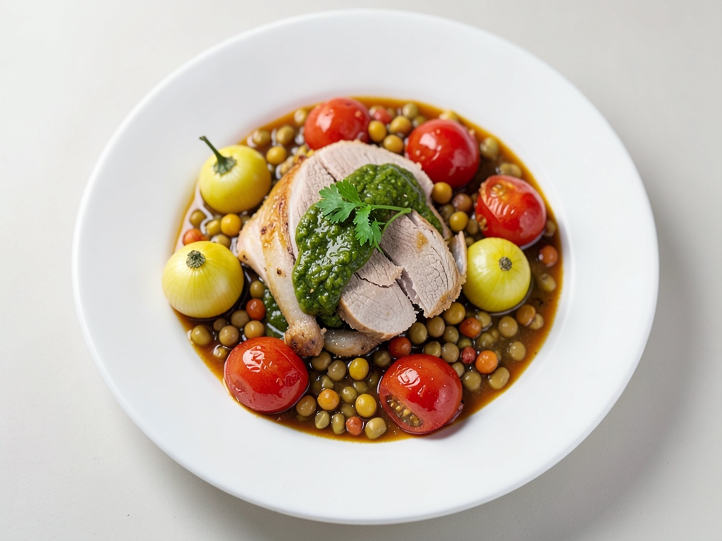 Pollo con stufato di fagioli e pomodori e salsa fresca al prezzemolo