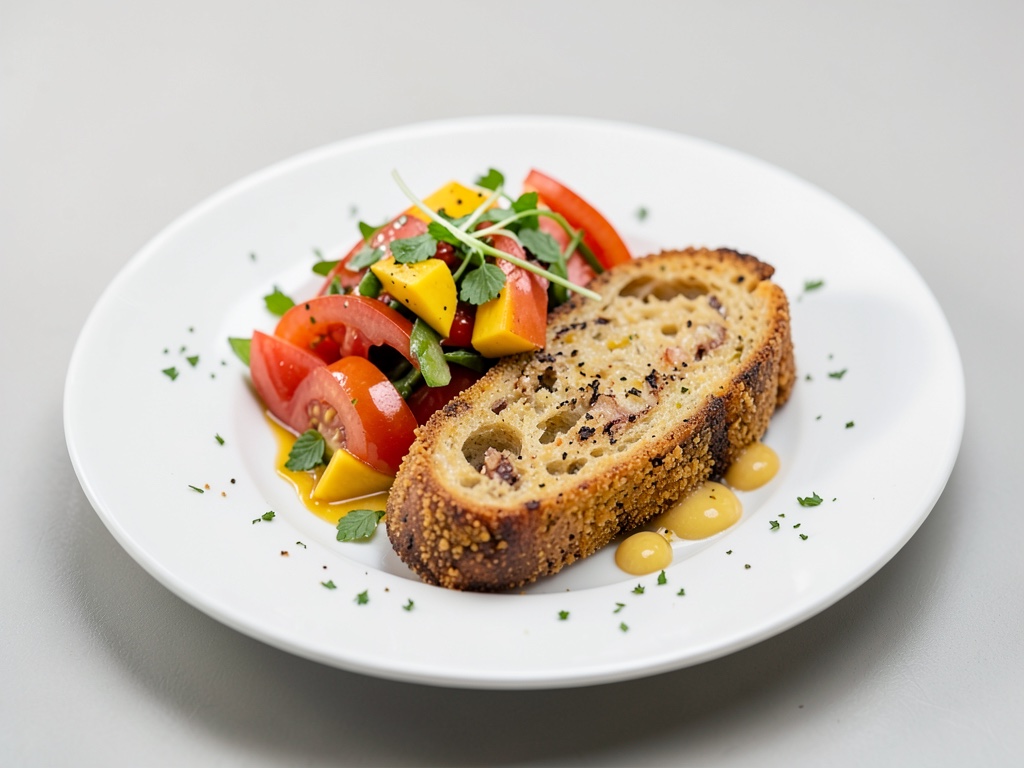 Pane croccante all'aglio con insalata fresca di mango e pomodori