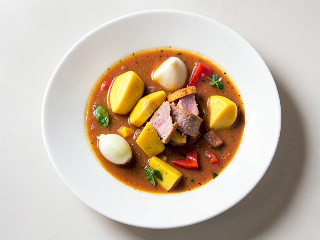 Sopa crujiente de jamón, tomate y mango