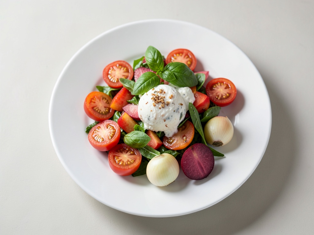 Insalata di pomodori e pesche dolce-fragrante con burrata cremosa